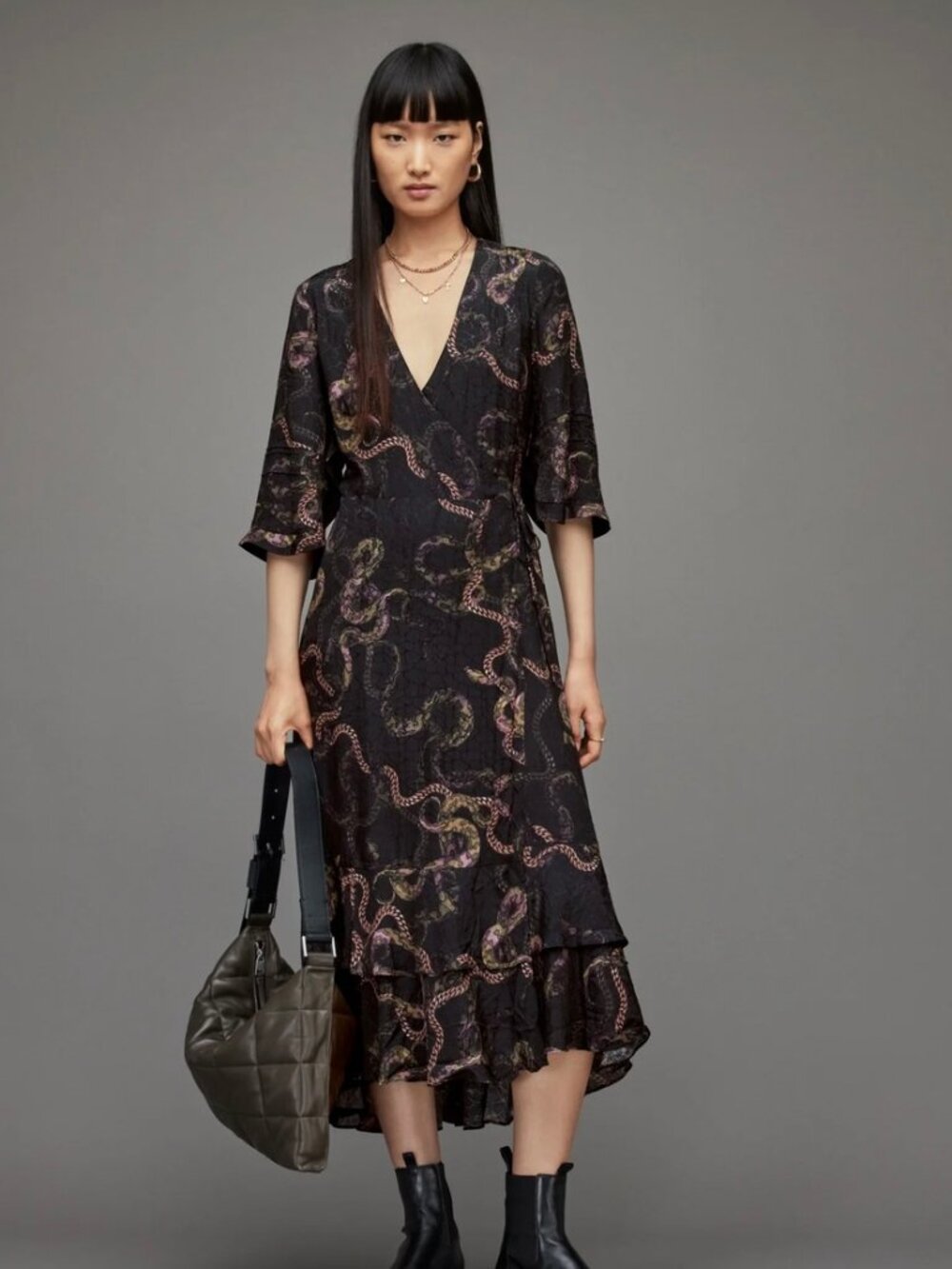 AllSaints Delana Tempest Dress Wrap Snake Chain Print NWT US 6,